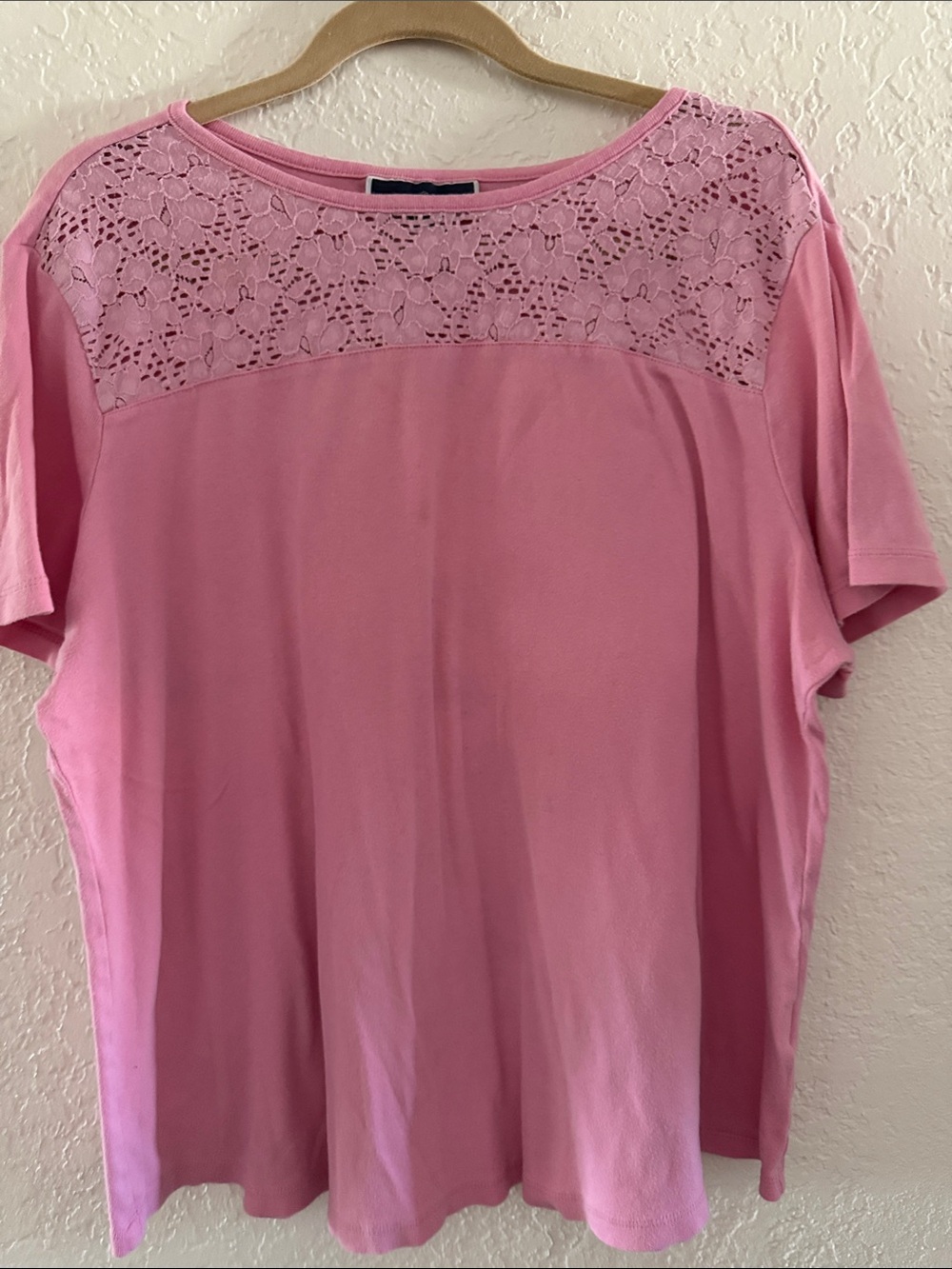 Karen Scott 2X Pink Lace Yoke Short Sleeve Jersey Preowned 100% Cotton
